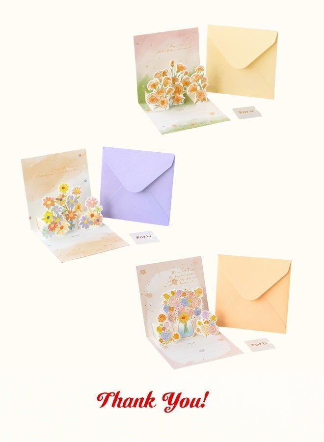 3-Pack 3D Pop-Up Flower Wish Cards,Handwritten Thank You Cards,Greeting Cards,Holiday Cards,with Envelopes & Stickers for Gratitude, Wishes - Image 1