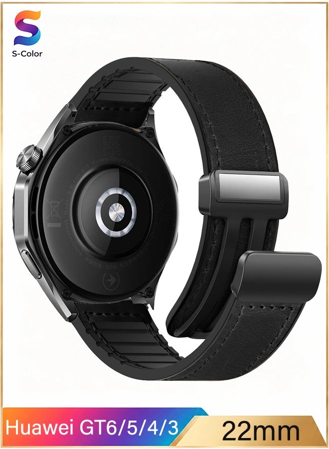 S-Color 22mm Leather Watch Strap Compatible with Huawei GT6/GT5/GT4/GT3 46mm/GT3 Pro/Watch 3/GT2e/GT2 pro/GT2 42mm 46mm Replacement Strap Compatible with Samsung Galaxy Watch 3 45mm/Gear S3 Black - Image 1