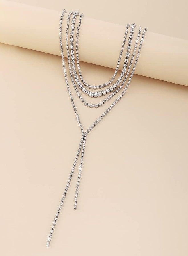 Chargances Boho Layered Rhinestone Choker Necklace Silver Crystal Long Choker Necklaces Fashion Sexy Body Costume Accessories for Women (Silver) - Image 5