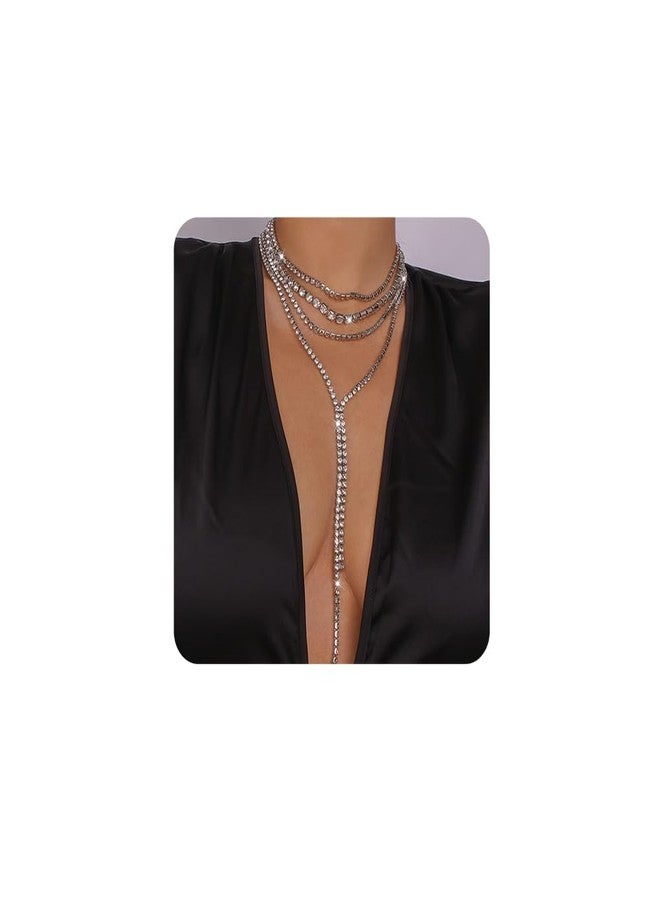 Chargances Boho Layered Rhinestone Choker Necklace Silver Crystal Long Choker Necklaces Fashion Sexy Body Costume Accessories for Women (Silver) - Image 1