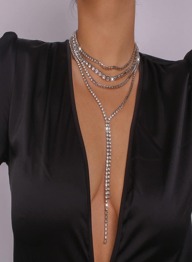 Chargances Boho Layered Rhinestone Choker Necklace Silver Crystal Long Choker Necklaces Fashion Sexy Body Costume Accessories for Women (Silver) - Image 3