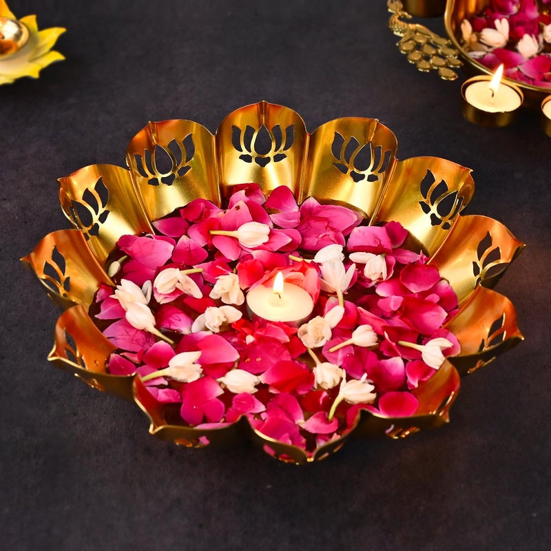 DecorTwist DecorTwist Decorative Urli Bowl 25 Inch Pack of 1 Metal Lotus Design Handcrafted Bowl for Floating Flowers Tea Light Candle Holder Home Living Room Office Wedding Diwali Decoration Items  - Image 1