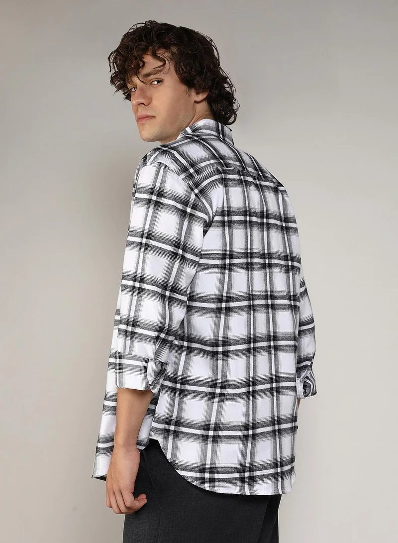 Campus Sutra Chalk White / Midnight Black Men's Chalk White & Midnight Black Brushed Buffalo Check Shirt for Men | Best Price UAE