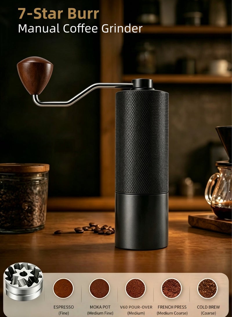 Professional Manual Coffee Grinder & Hand Grinder Coffee - Seven-Core 420 Stainless Steel Burrs Coffee Grinder Manual for Espresso, V60 & French Press - Dual Bearing with Walnut Handle - Black - Image 1