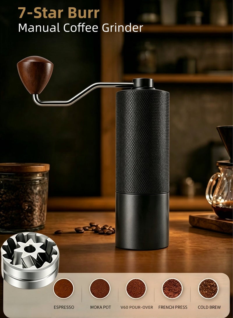 Professional Manual Coffee Grinder & Hand Grinder Coffee - Seven-Core 420 Stainless Steel Burrs Coffee Grinder Manual for Espresso, V60 & French Press - Dual Bearing with Walnut Handle - Black - Image 1