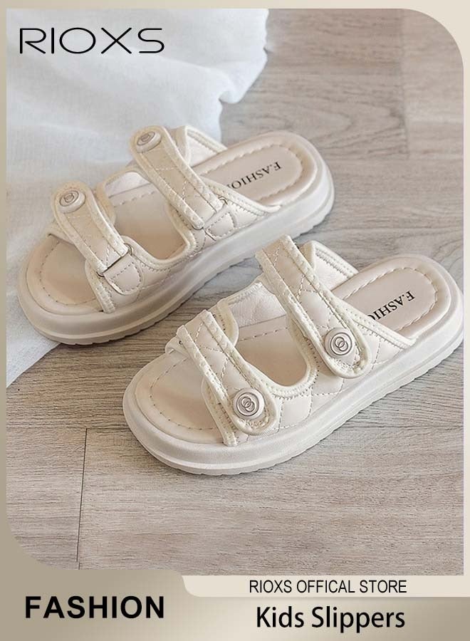 RIOXS Flat Slipper for Kids Girls, Classic Cozzzy Slide Sandals, Non-Slip Soft Sole Beach Sandals, Fashion Slippers with Double Strap, Comfy Girls' Slip-ons with Cushioned Footbed, Beige Flat Sandals for Casual Travel and Daily Wear - Image 2