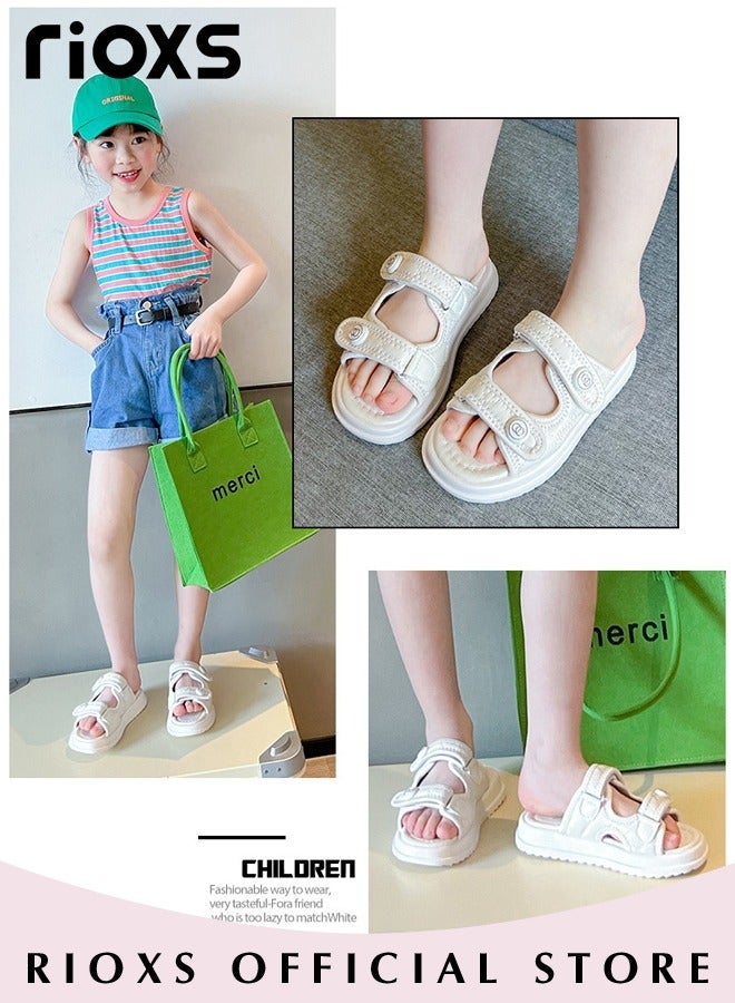 RIOXS Flat Slipper for Kids Girls, Classic Cozzzy Slide Sandals, Non-Slip Soft Sole Beach Sandals, Fashion Slippers with Double Strap, Comfy Girls' Slip-ons with Cushioned Footbed, Beige Flat Sandals for Casual Travel and Daily Wear - Image 1
