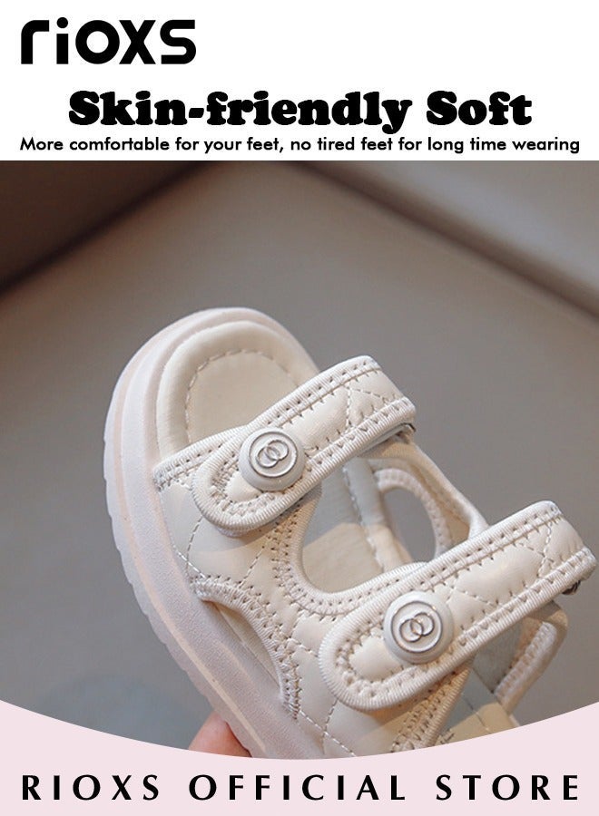 RIOXS Flat Slipper for Kids Girls, Classic Cozzzy Slide Sandals, Non-Slip Soft Sole Beach Sandals, Fashion Slippers with Double Strap, Comfy Girls' Slip-ons with Cushioned Footbed, Beige Flat Sandals for Casual Travel and Daily Wear - Image 4