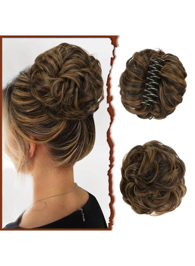 SOFEIYAN Claw Clip Messy Bun Hair Piece Wavy Curly Hair Bun Clip in Claw Chignon Ponytail Hairpieces Synthetic Tousled Updo Hair Extensions Scrunchie Hairpiece for Women, Dark Brown/Golden Auburn - Image 1