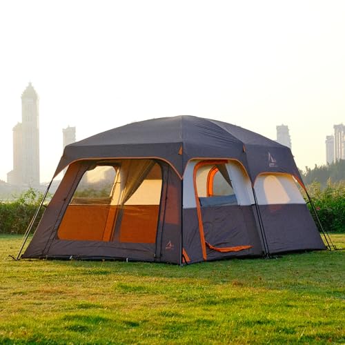 KTT Extra Large Tent 10 Person,Family Cabin Tents,2 Rooms,3 Doors and 3 Windows with Mesh,Straight Wall,Waterproof,Double Layer,Big Tent for Outdoor,Picnic,Camping,Family Gathering(Brown) - Image 5