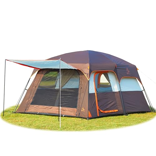 KTT Extra Large Tent 10 Person,Family Cabin Tents,2 Rooms,3 Doors and 3 Windows with Mesh,Straight Wall,Waterproof,Double Layer,Big Tent for Outdoor,Picnic,Camping,Family Gathering(Brown) - Image 1