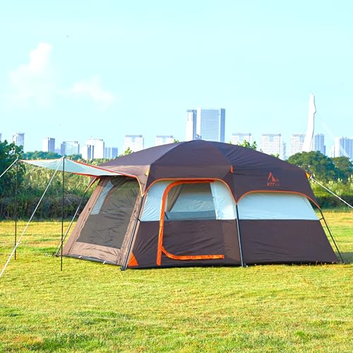 KTT Extra Large Tent 10 Person,Family Cabin Tents,2 Rooms,3 Doors and 3 Windows with Mesh,Straight Wall,Waterproof,Double Layer,Big Tent for Outdoor,Picnic,Camping,Family Gathering(Brown) - Image 2