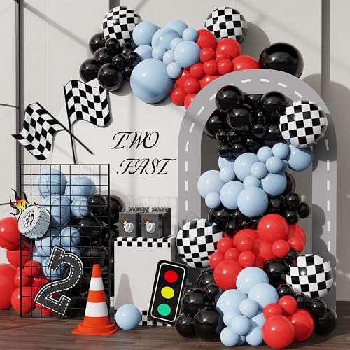 GIHOO Race Car Balloons Arch Garland Kit 148PCS Red Blue Black Checkered Flag Foil Balloon Racing Car Theme Two Fast 2nd Birthday Party Supplies for Boys - Image 1