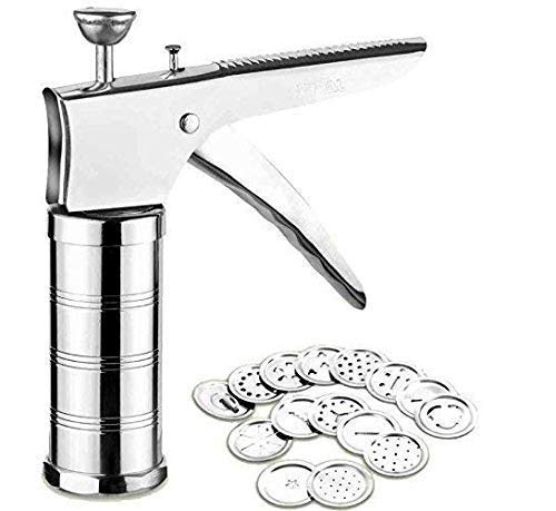 MYPS Steel Kitchen Press with 15 Different Types of Jalies Murukku MakerBhujiya MakerNoodlesCookiesNamkeenChakali MakerSev MakerFarsan MakerGathiya Maker - Image 1