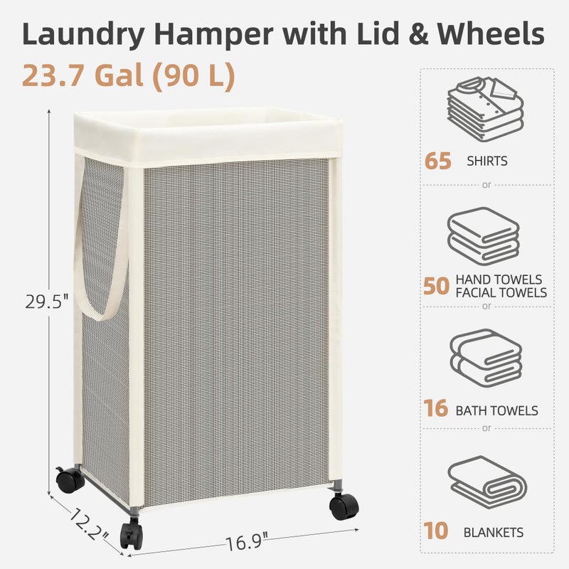 STORAGE MANIAC Laundry Hamper with Wheels, 90L (23.7 Gal) Large Tall Rolling Laundry Basket with Removable and Washable Liner Bag, Aesthetic Dirty Clothes Hamper for College, Dorm, Off-white - Image 3