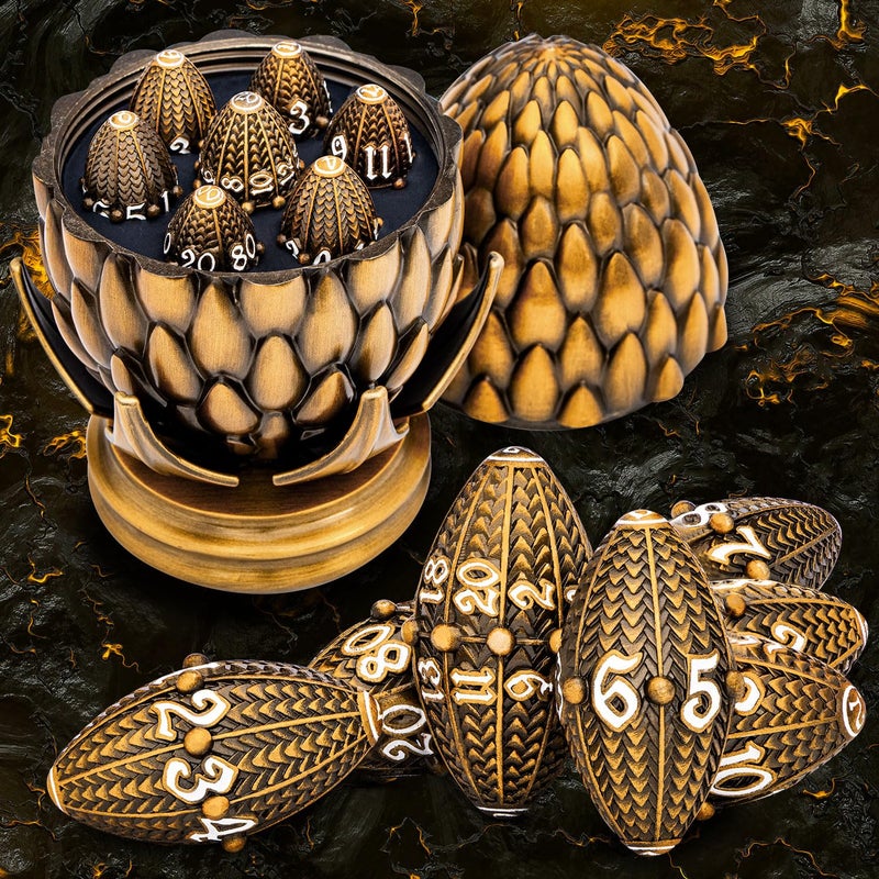ARUOHHA DND Metal Dice Antique Gold Dragon Egg Dice with Rotating Dragon Egg Shell Role Playing Game RPG Polyhedral D and D Dice Set D20 D12 D10 D8 D6 D4 - Image 3