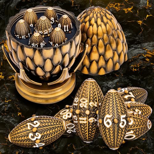 ARUOHHA DND Metal Dice Antique Gold Dragon Egg Dice with Rotating Dragon Egg Shell Role Playing Game RPG Polyhedral D and D Dice Set D20 D12 D10 D8 D6 D4 - Image 1