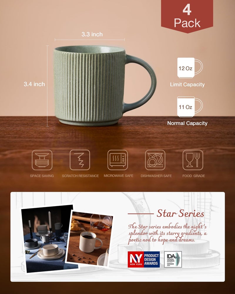 famiware Coffee Mug Set for 6, Star 12 oz Catering Mugs Cup Set with Handle for Coffee, Tea, Cocoa, Milk - Ceramic Stoneware Drinkware Set, Matte Green - Image 3