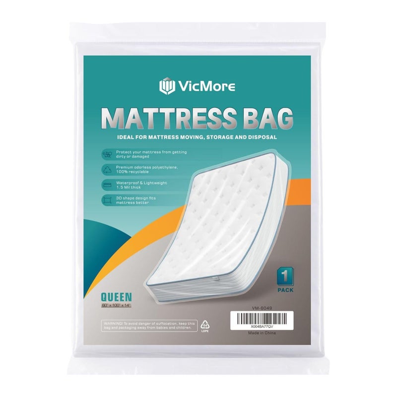 VICMORE Queen Mattress Bag for Moving, Storage & Disposal, 1.5 Mil Heavy-Duty Plastic Mattress Cover, Tear-Resistant, Dustproof, Reusable (Fits Queen Size Beds) - Image 1