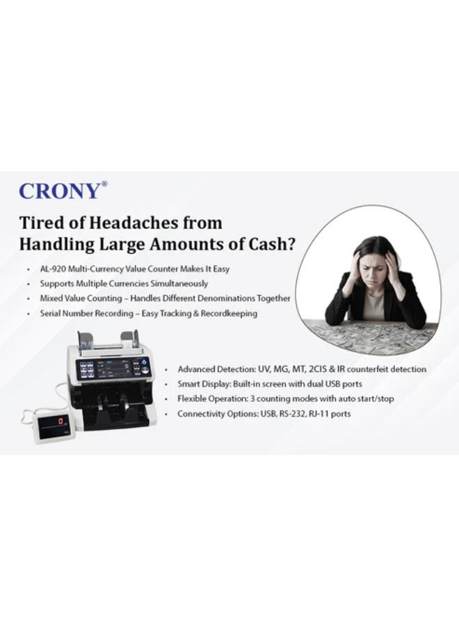 Crony Al-920 Currency Counter And Money Detector – High-Speed Banknote Counting Machine 1200 Notes/Min,Single Denomination Value Counter, Professional Cash Counter For Banks, Retail, Offices – Dual Lcd Display,Auto Start-Stop,Currency Customization,Portable Rechargeable Bill Counter,Ac 100-240v,50w,Durable Design - Image 2