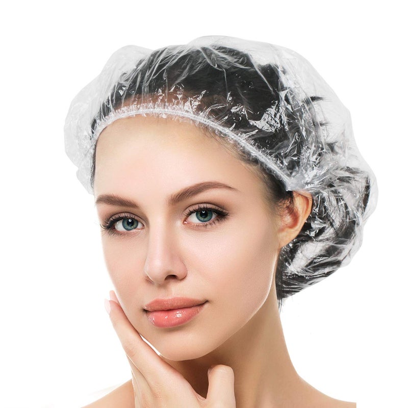 JackshowShope Shower Cap Disposable Shower Caps for Women Larger Thicker Waterproof and Individually Wrapped Plastic Elastic Hair Bath Caps for Hotel and Spa Hair Salon Home Use 100 - Image 1
