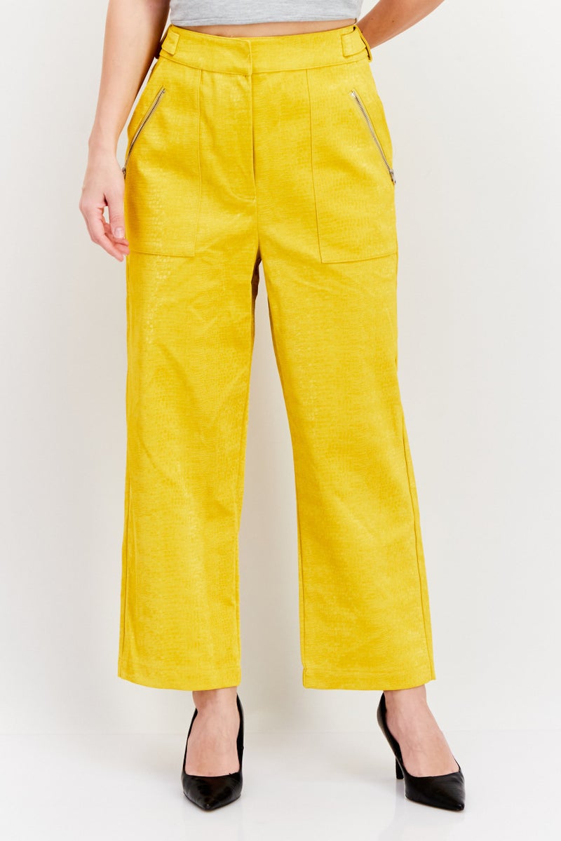 Royalty by Maluma Women Faux Leather High Rise Straight Leg Pants, Dark Yellow - Image 1