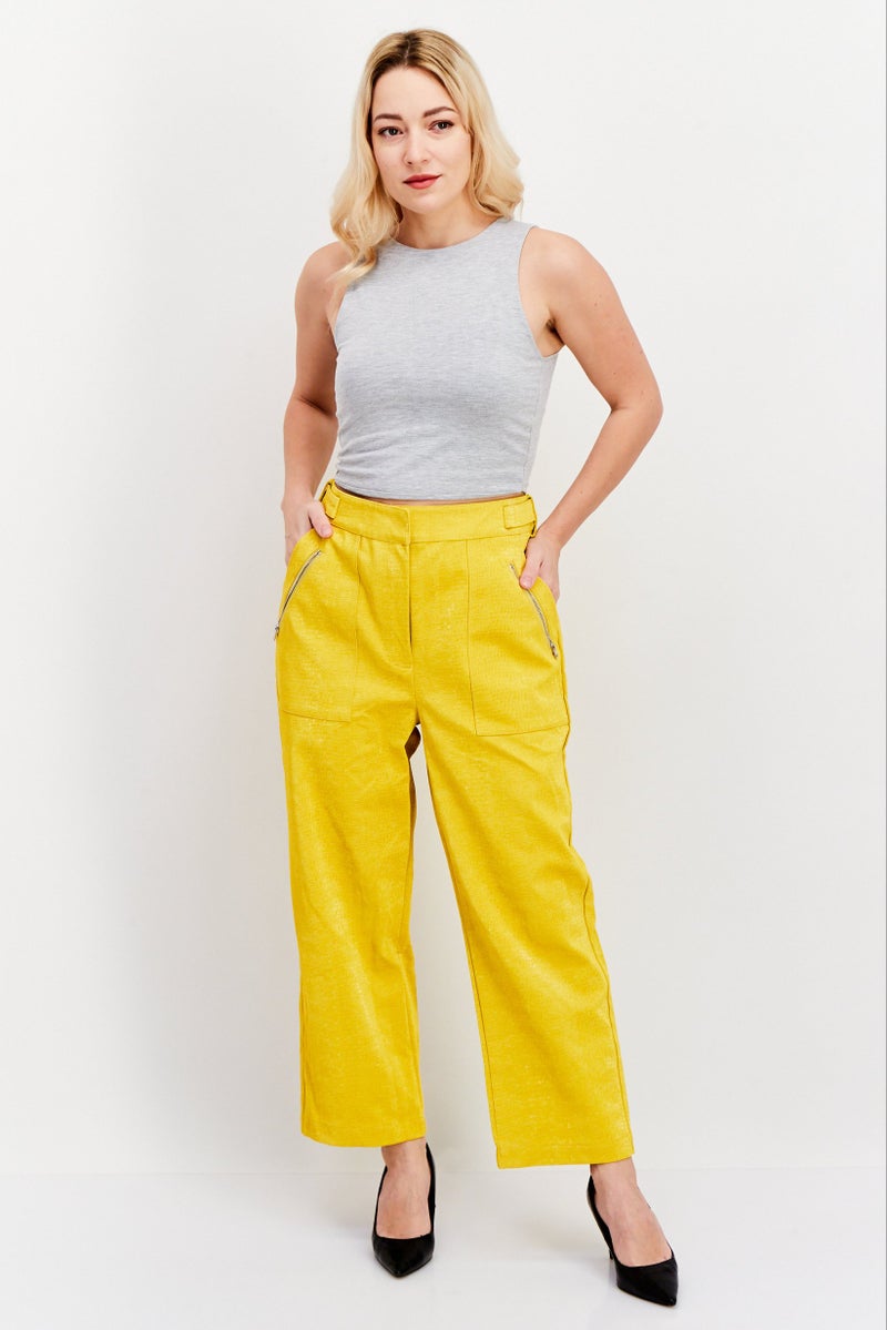 Royalty by Maluma Women Faux Leather High Rise Straight Leg Pants, Dark Yellow - Image 4