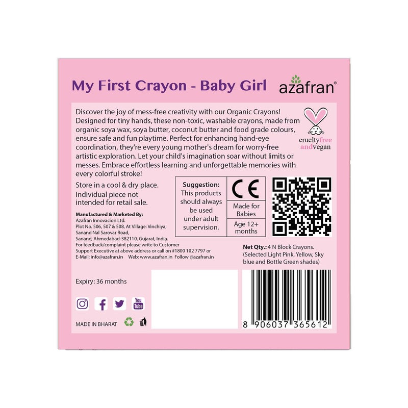 azafran My First Crayon for Baby Girl, 4 Jumbo Block Crayons, Organic, Washable, Non-Toxic, Easy Grip for Tiny Hands… - Image 2