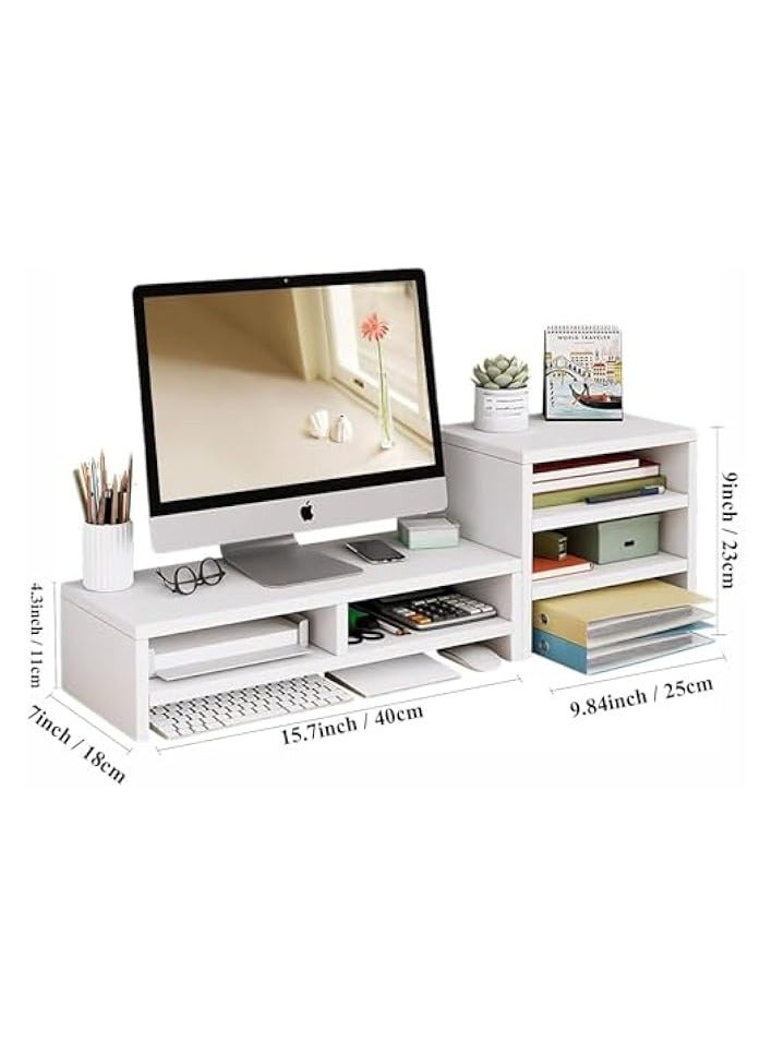 PROMASS Monitor Stand Riser,2 Tiers Computer Monitor Stand with 3 Layer Storage Shelf, Wood Monitor Stand with Storage Organizer for Printer, PC, Save Space Laptop Stand Desk for Home and Office Use - Image 2