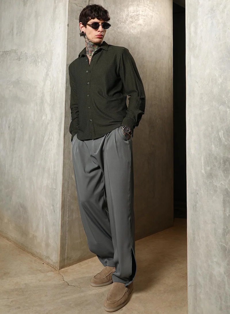 Campus Sutra Men's Seaweed Green Gridveil-Tactile Shirt For Casual Wear | Spread Collar | Long Cuffed Sleeves | Button Closure | Shirt Crafted With Comfort Fit For Everyday Wear