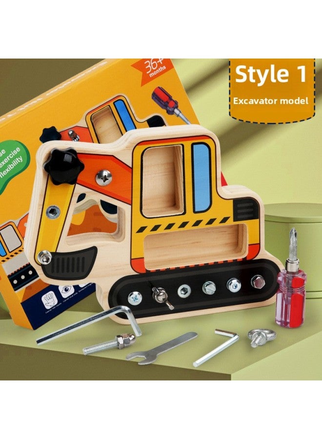 Children's Puzzle Screw Fun Disassembly And Assembly Traffic Ship Nut Tool Repair Combination Grip Wooden Toys-Color:Excavator Nut Tool - Image 1