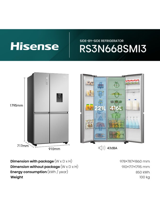 Hisense Two Door Side By Side 869L Fridge, Non Plumbed Water Dispenser, Dual Temp Control Zone, Durable Inverter, 1 Year Full And 10 Years Compressor Warranty - RS3N668SMI3 Silver - Image 3