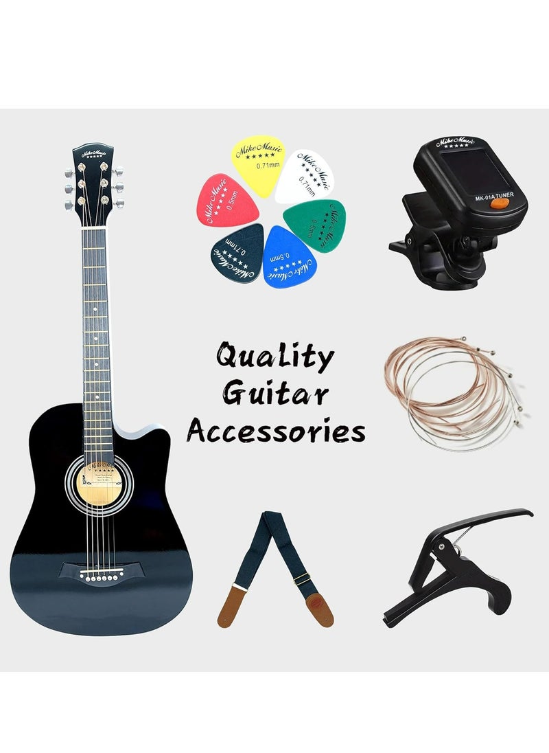 Mike Music 38 inch Acoustic Guitar in Full Size Beginner Set, All Wood Cutaway Guitar for Beginner, Comes with Free Bag/Tuner/Strap/Tuner Clip/Extra String Set/Winder/6 Paddles (Black)  - Image 4