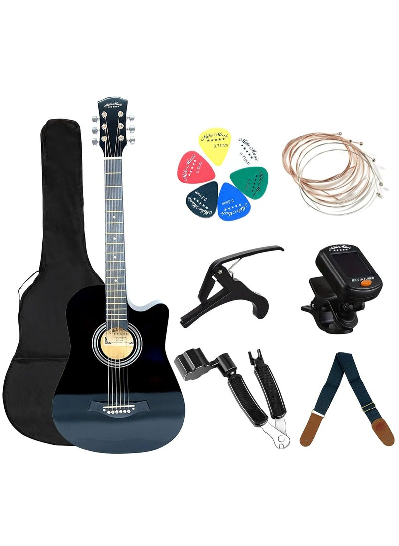 Mike Music 38 inch Acoustic Guitar in Full Size Beginner Set, All Wood Cutaway Guitar for Beginner, Comes with Free Bag/Tuner/Strap/Tuner Clip/Extra String Set/Winder/6 Paddles (Black)  - Image 1
