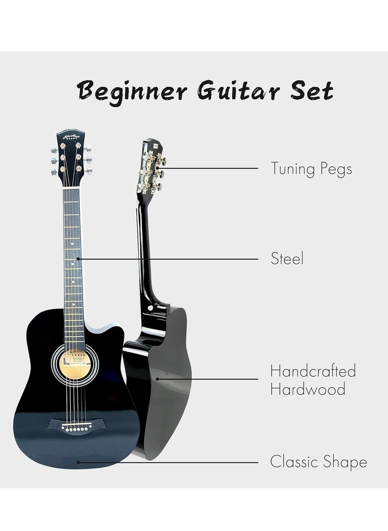 Mike Music 38 inch Acoustic Guitar in Full Size Beginner Set, All Wood Cutaway Guitar for Beginner, Comes with Free Bag/Tuner/Strap/Tuner Clip/Extra String Set/Winder/6 Paddles (Black)  - Image 2
