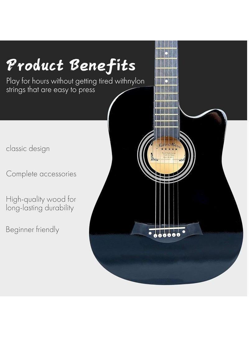Mike Music 38 inch Acoustic Guitar in Full Size Beginner Set, All Wood Cutaway Guitar for Beginner, Comes with Free Bag/Tuner/Strap/Tuner Clip/Extra String Set/Winder/6 Paddles (Black)  - Image 3