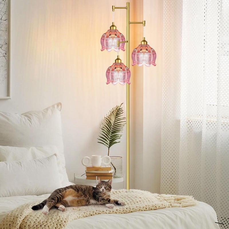 ILLMTW Glass Floor Lamp for Living Room,Bedroom,Gold Flower Mid Century Modern Standing Lamp Brass Tree 3 Light Tall Floor Lamps Vintage Floor Lights Pink Lamp Shade Farmhouse Boho Bohemian - Image 2