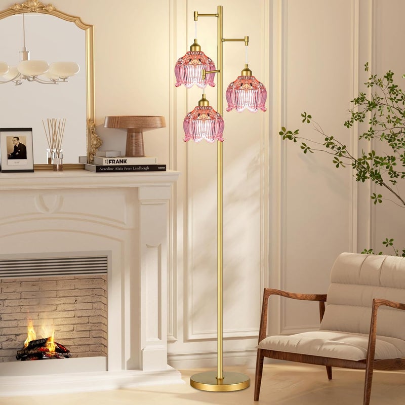 ILLMTW Glass Floor Lamp for Living Room,Bedroom,Gold Flower Mid Century Modern Standing Lamp Brass Tree 3 Light Tall Floor Lamps Vintage Floor Lights Pink Lamp Shade Farmhouse Boho Bohemian - Image 3