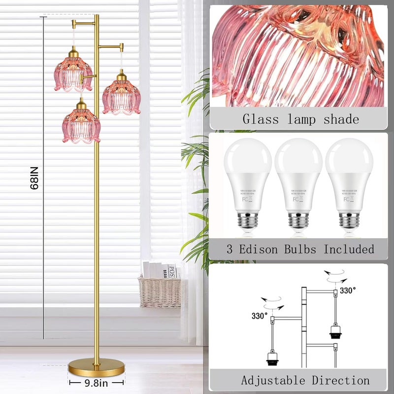 ILLMTW Glass Floor Lamp for Living Room,Bedroom,Gold Flower Mid Century Modern Standing Lamp Brass Tree 3 Light Tall Floor Lamps Vintage Floor Lights Pink Lamp Shade Farmhouse Boho Bohemian - Image 5