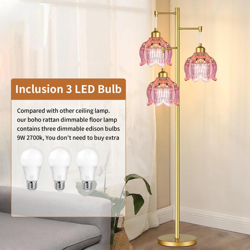 ILLMTW Glass Floor Lamp for Living Room,Bedroom,Gold Flower Mid Century Modern Standing Lamp Brass Tree 3 Light Tall Floor Lamps Vintage Floor Lights Pink Lamp Shade Farmhouse Boho Bohemian - Image 4