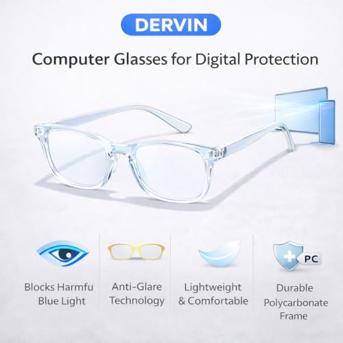Dervin Blue Light Blocking Glasses Gaming Filter Transparent Square Eyeglasses for Eye Protection Men Women, Computer/Tablet/Laptop/Mobile/TV, Anti-blue & Anti eyestrain (Crystal Blue) - Image 3