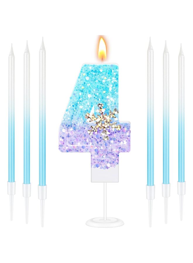 يُسلِّم شمعة عيد ميلاد على شكل ندفة ثلج زرقاء مع 6 شموع كب كيك طويلة ورفيعة، زينة كعكة عيد ميلاد سعيد لامعة على شكل رقم 4 (لوازم حفلات الشتاء) - Image 1