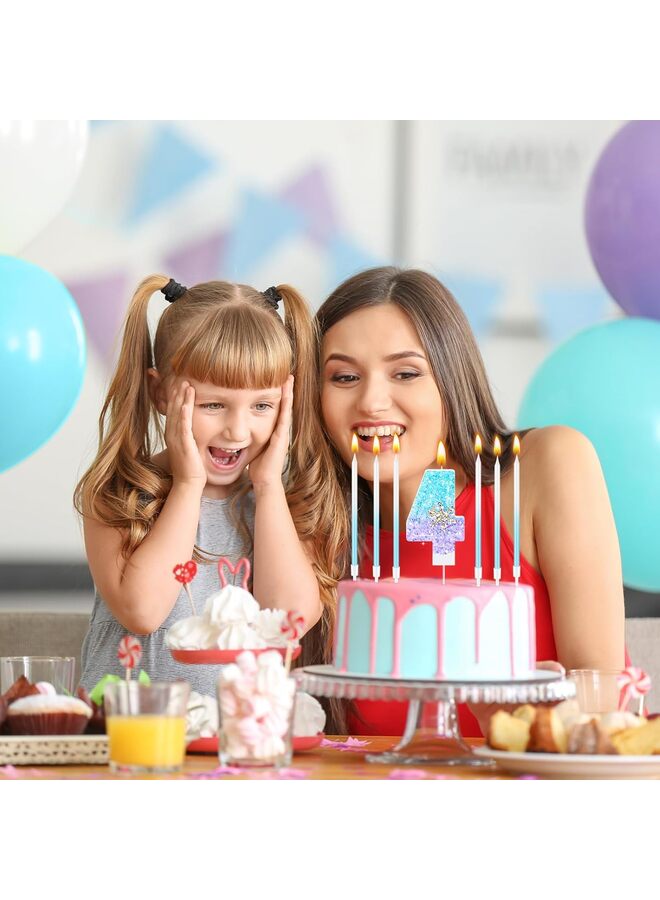 يُسلِّم شمعة عيد ميلاد على شكل ندفة ثلج زرقاء مع 6 شموع كب كيك طويلة ورفيعة، زينة كعكة عيد ميلاد سعيد لامعة على شكل رقم 4 (لوازم حفلات الشتاء) - Image 3