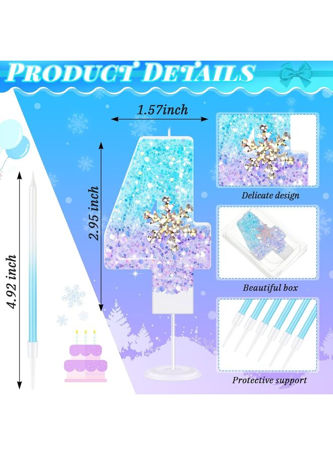 يُسلِّم شمعة عيد ميلاد على شكل ندفة ثلج زرقاء مع 6 شموع كب كيك طويلة ورفيعة، زينة كعكة عيد ميلاد سعيد لامعة على شكل رقم 4 (لوازم حفلات الشتاء) - Image 2