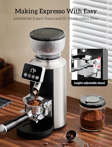Neretva Espresso Grinder, 2 in 1 Professional Coffee Bean Grinder Stainless Steel Suit 51~58mm Portafilter Burr Coffee Grinder 30 Precise Setting&Anti-Static for Espresso/French Press/Drip/Moka-Silver - Image 5