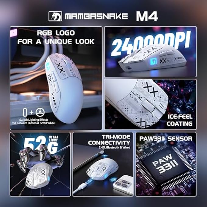 MAMBASNAKE M4 ULTRA-LIGHT WIRELESS GAMING MOUSE 52G, 24000 DPI PAW3311 OPTICAL SENSOR,2.4G/BT/WIRED ERGONOMIC COMPUTER MICE, RGB LIGHTING,400MAH BATTERYÏ¼ŒPROGRAMMABLE MOUSE FOR PC/WIN/MAC-WHITE &TAPE - Image 2