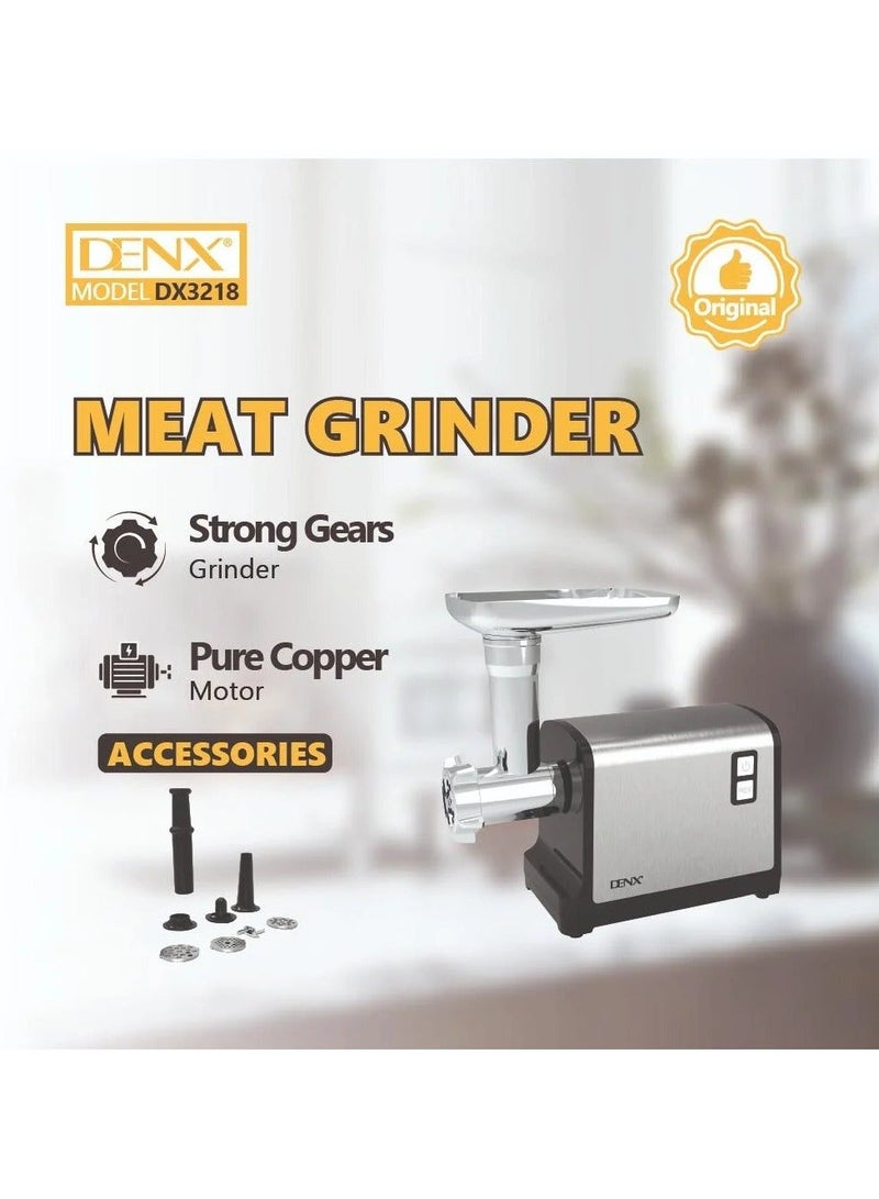 Denx Meat Grinder, Electric Meat Grinder with Stainless Steel Blade, 1200W, Silver - Image 1