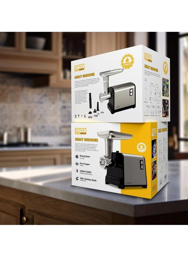 Denx Meat Grinder, Electric Meat Grinder with Stainless Steel Blade, 1200W, Silver - Image 2