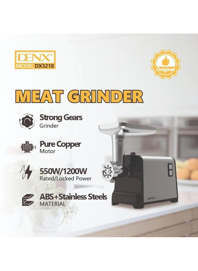 Denx Meat Grinder, Electric Meat Grinder with Stainless Steel Blade, 1200W, Silver - Image 3
