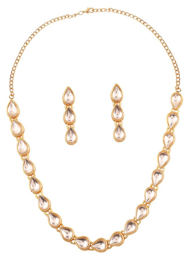 Touchstone Contemporary Kundan Collection Indian Bollywood Traditional Mughal Kundan polki Look Neutral Bridal Designer Jewelry Single line Necklace Set for Women in Gold Tone - Image 1
